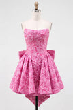 Strapless A Line Jacquard Bow Blue Homecoming Dress with Lace Up Back