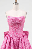 Strapless A Line Jacquard Bow Blue Homecoming Dress with Lace Up Back