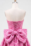 Strapless A Line Jacquard Bow Blue Homecoming Dress with Lace Up Back