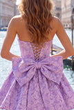 Strapless A Line Jacquard Bow Blue Homecoming Dress with Lace Up Back