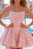 Strapless A Line Jacquard Bow Blue Homecoming Dress with Lace Up Back