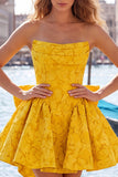 Strapless A Line Jacquard Bow Blue Homecoming Dress with Lace Up Back
