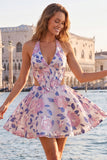 Halter Lilac A Line Cut Out Floral Corset Homecoming Dress