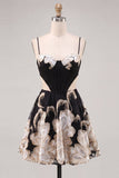 Black Floral Cut Out A Line Homecoming Dress with Lace-up Back
