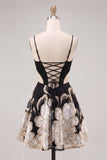 Black Floral Cut Out A Line Homecoming Dress with Lace-up Back