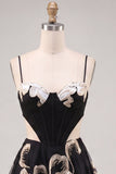 Black Floral Cut Out A Line Homecoming Dress with Lace-up Back
