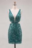 Green Bodycon V Neck Cut Out Sequin Short Homecoming Dress