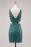 Green Bodycon V Neck Cut Out Sequin Short Homecoming Dress