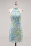 Mint Green Halter Floral Sequin Bodycon Short Homecoming Dress
