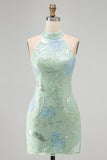Mint Green Halter Floral Sequin Bodycon Short Homecoming Dress