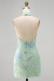 Mint Green Halter Floral Sequin Bodycon Short Homecoming Dress