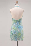 Mint Green Halter Floral Sequin Bodycon Short Homecoming Dress