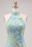 Mint Green Halter Floral Sequin Bodycon Short Homecoming Dress