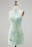 Mint Green Halter Floral Sequin Bodycon Short Homecoming Dress