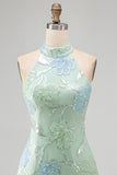 Mint Green Halter Floral Sequin Bodycon Short Homecoming Dress