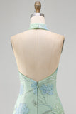 Mint Green Halter Floral Sequin Bodycon Short Homecoming Dress