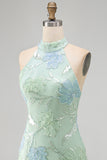 Mint Green Halter Floral Sequin Bodycon Short Homecoming Dress