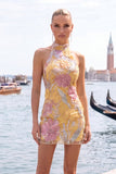 Mint Green Halter Floral Sequin Bodycon Short Homecoming Dress
