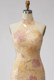 Mint Green Halter Floral Sequin Bodycon Short Homecoming Dress
