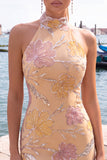 Mint Green Halter Floral Sequin Bodycon Short Homecoming Dress