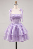 Cute Lilac A Line Pearl Tiered Short Homecoming Dress with Lace Up Back