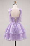 Cute Lilac A Line Pearl Tiered Short Homecoming Dress with Lace Up Back