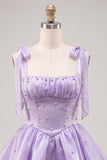 Cute Lilac A Line Pearl Tiered Short Homecoming Dress with Lace Up Back