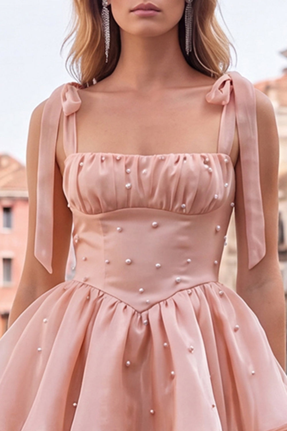 Wedtrend Women Cute Lilac Homecoming Dress with Pearls Tiered A Line Organza Cocktail Dress with Lace Up Back, Pink / US8