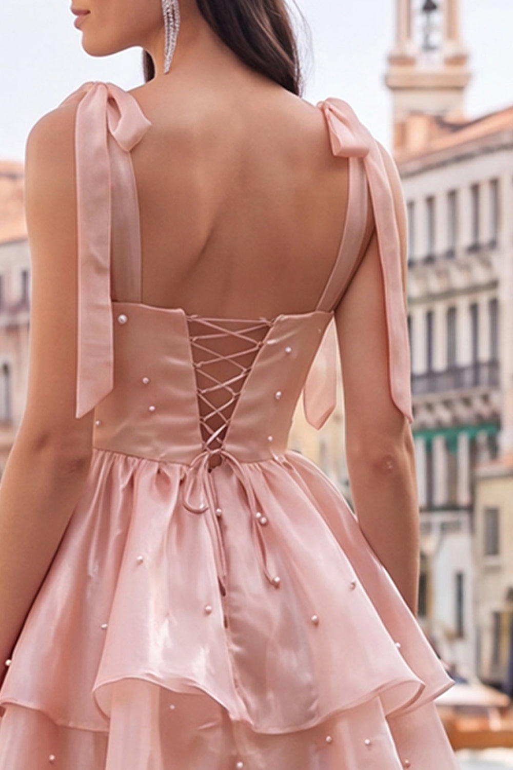 Wedtrend Women Cute Lilac Homecoming Dress with Pearls Tiered A Line Organza Cocktail Dress with Lace Up Back, Pink / US8