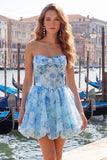 Yellow A Line Strapless Floral Homecoming Dress with Lace-up Back