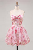 Yellow A Line Strapless Floral Homecoming Dress with Lace-up Back
