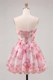 Yellow A Line Strapless Floral Homecoming Dress with Lace-up Back