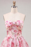 Yellow A Line Strapless Floral Homecoming Dress with Lace-up Back