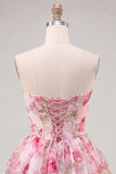 Yellow A Line Strapless Floral Homecoming Dress with Lace-up Back