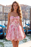 Yellow A Line Strapless Floral Homecoming Dress with Lace-up Back