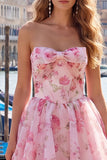 Yellow A Line Strapless Floral Homecoming Dress with Lace-up Back