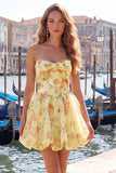 Yellow A Line Strapless Floral Homecoming Dress with Lace-up Back