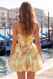 Yellow A Line Strapless Floral Homecoming Dress with Lace-up Back