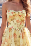 Yellow A Line Strapless Floral Homecoming Dress with Lace-up Back