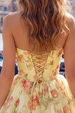 Yellow A Line Strapless Floral Homecoming Dress with Lace-up Back