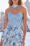 Pink Sweetheart Corset Beaded Tiered Floral A Line Homecoming Dress with Scarf