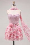 Pink Sweetheart Corset Beaded Tiered Floral A Line Homecoming Dress with Scarf