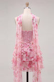Pink Sweetheart Corset Beaded Tiered Floral A Line Homecoming Dress with Scarf