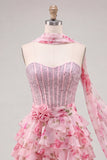 Pink Sweetheart Corset Beaded Tiered Floral A Line Homecoming Dress with Scarf