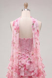 Pink Sweetheart Corset Beaded Tiered Floral A Line Homecoming Dress with Scarf