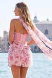 Pink Sweetheart Corset Beaded Tiered Floral A Line Homecoming Dress with Scarf