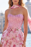 Pink Sweetheart Corset Beaded Tiered Floral A Line Homecoming Dress with Scarf
