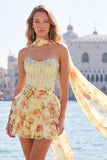 Pink Sweetheart Corset Beaded Tiered Floral A Line Homecoming Dress with Scarf