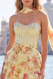 Pink Sweetheart Corset Beaded Tiered Floral A Line Homecoming Dress with Scarf