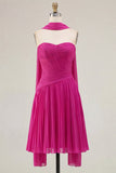 Fuchsia A Line Strapless Pleated Short Homecoming Dress with Scarf